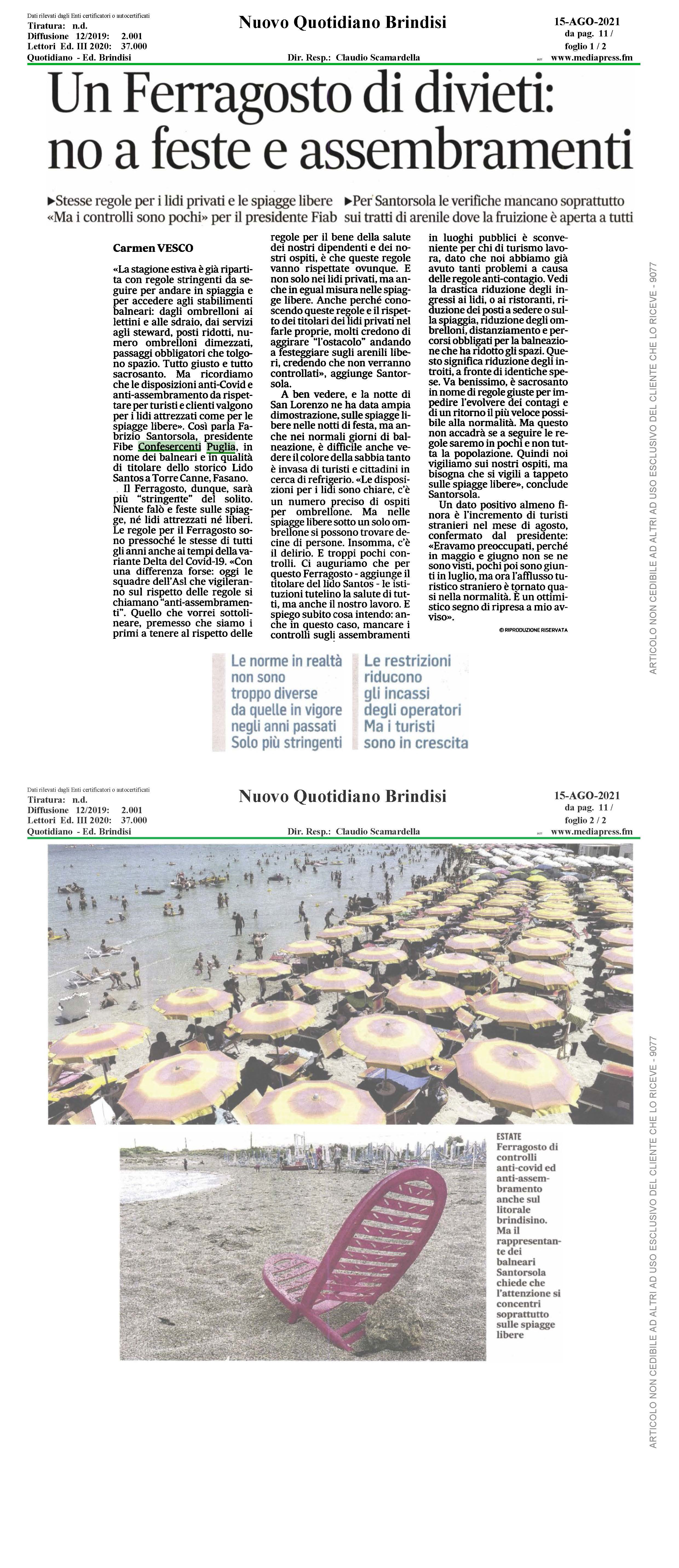 Al momento stai visualizzando Nuovo quotidiano di Brindisi – Un Ferragosto di divieti: no a feste e assembramenti