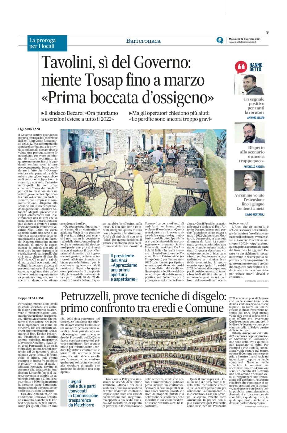Al momento stai visualizzando Quotidiano di Puglia edizione di Bari – Tavolini, sì del Governo: niente Tosap fino a Marzo