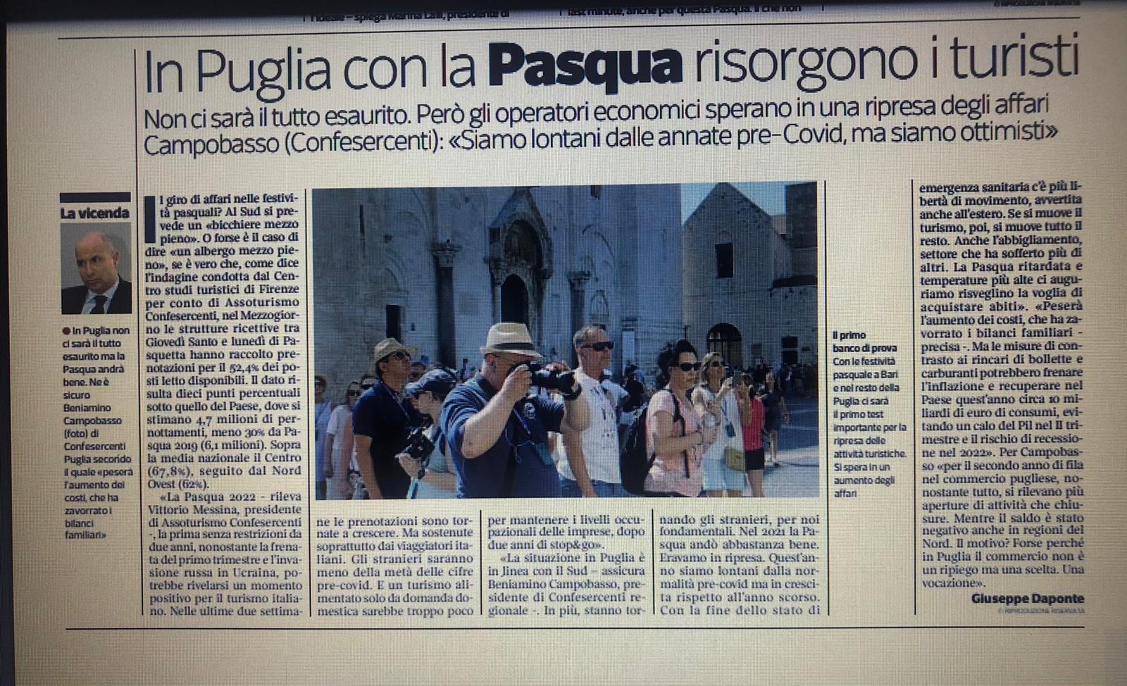 Al momento stai visualizzando Corriere Mezzogiorno 15 aprile ’22: ‘In Puglia con la Pasqua risorgono i turisti’