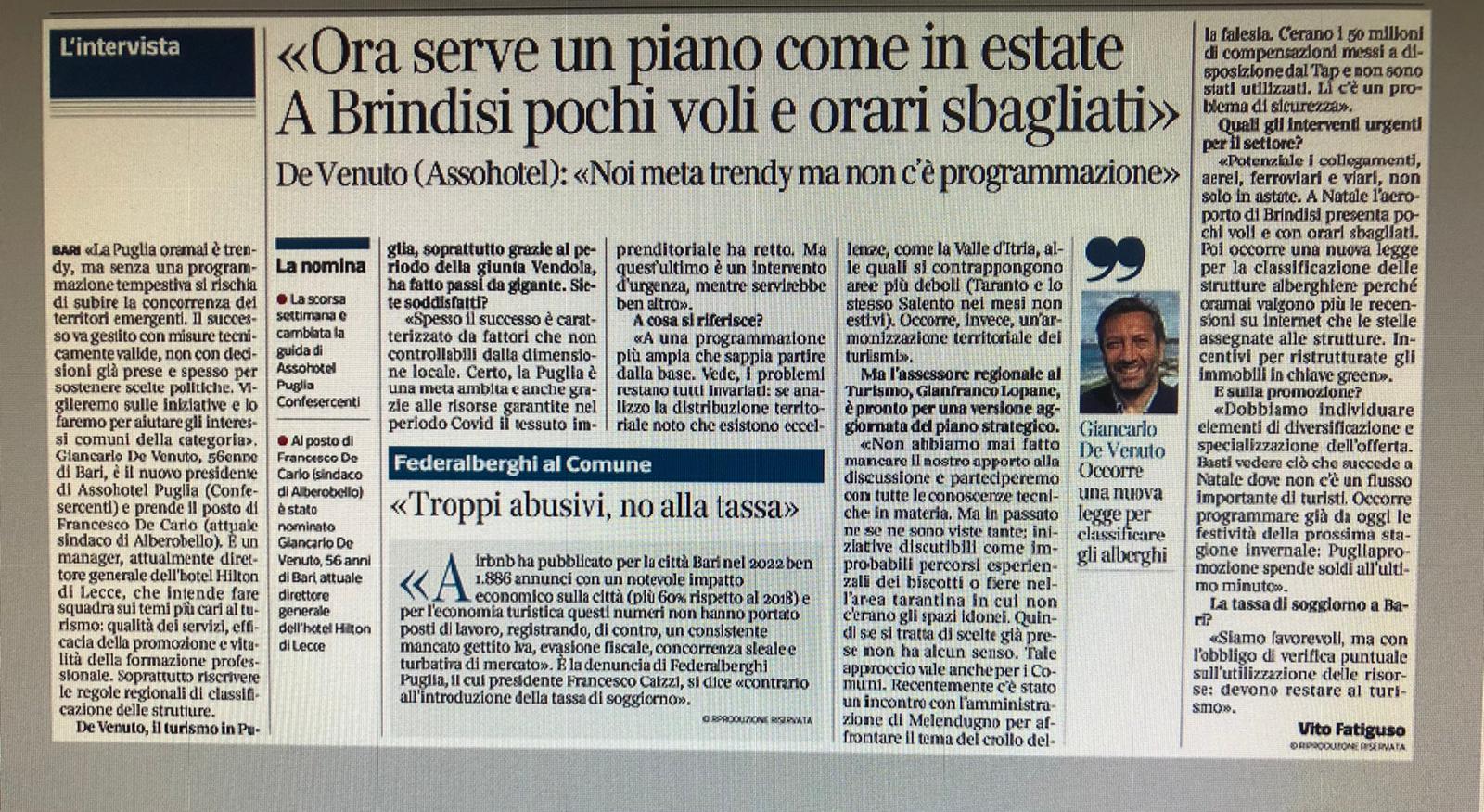 Al momento stai visualizzando Corriere del Mezzogiorno, Giancarlo De Venuto: ‘ … occorre una nuova legge per classificare gli alberghi’